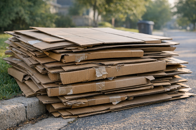 Flattened moving boxes ready for recycling