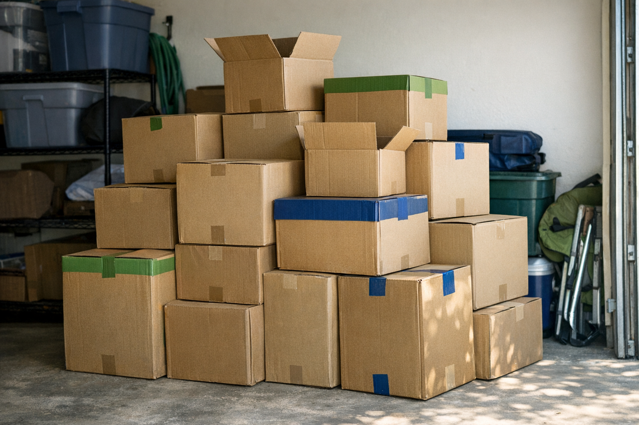 A stack of moving boxes being organized for recycling or donation