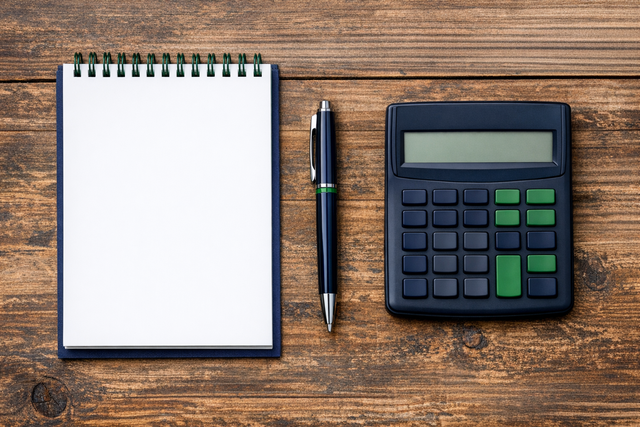 A flat lay of a notepad, pen, and calculator on a table to compare moving estimates.