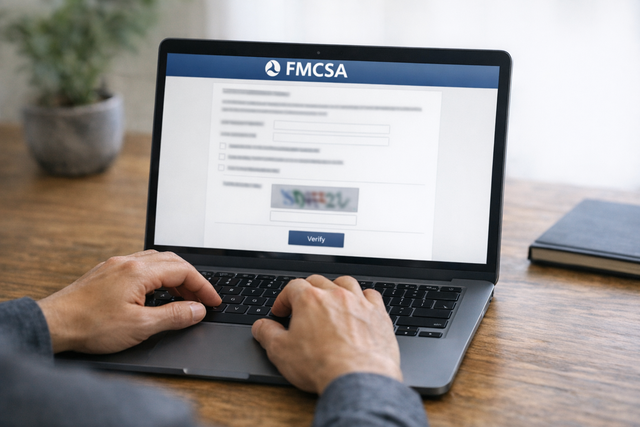 Person checking FMCSA verification online on a laptop.