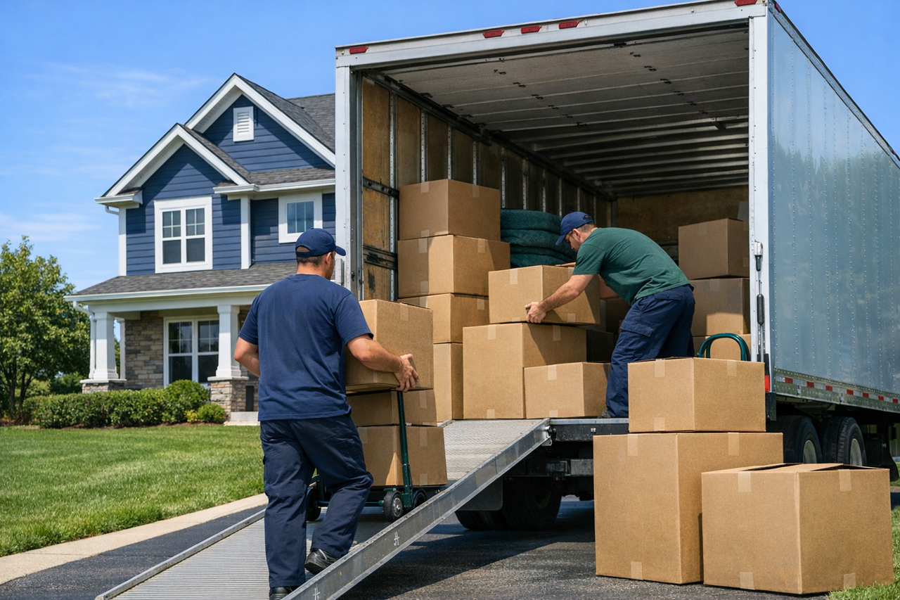 A moving truck parked in front of a suburban house, with cardboard boxes being loaded by movers.