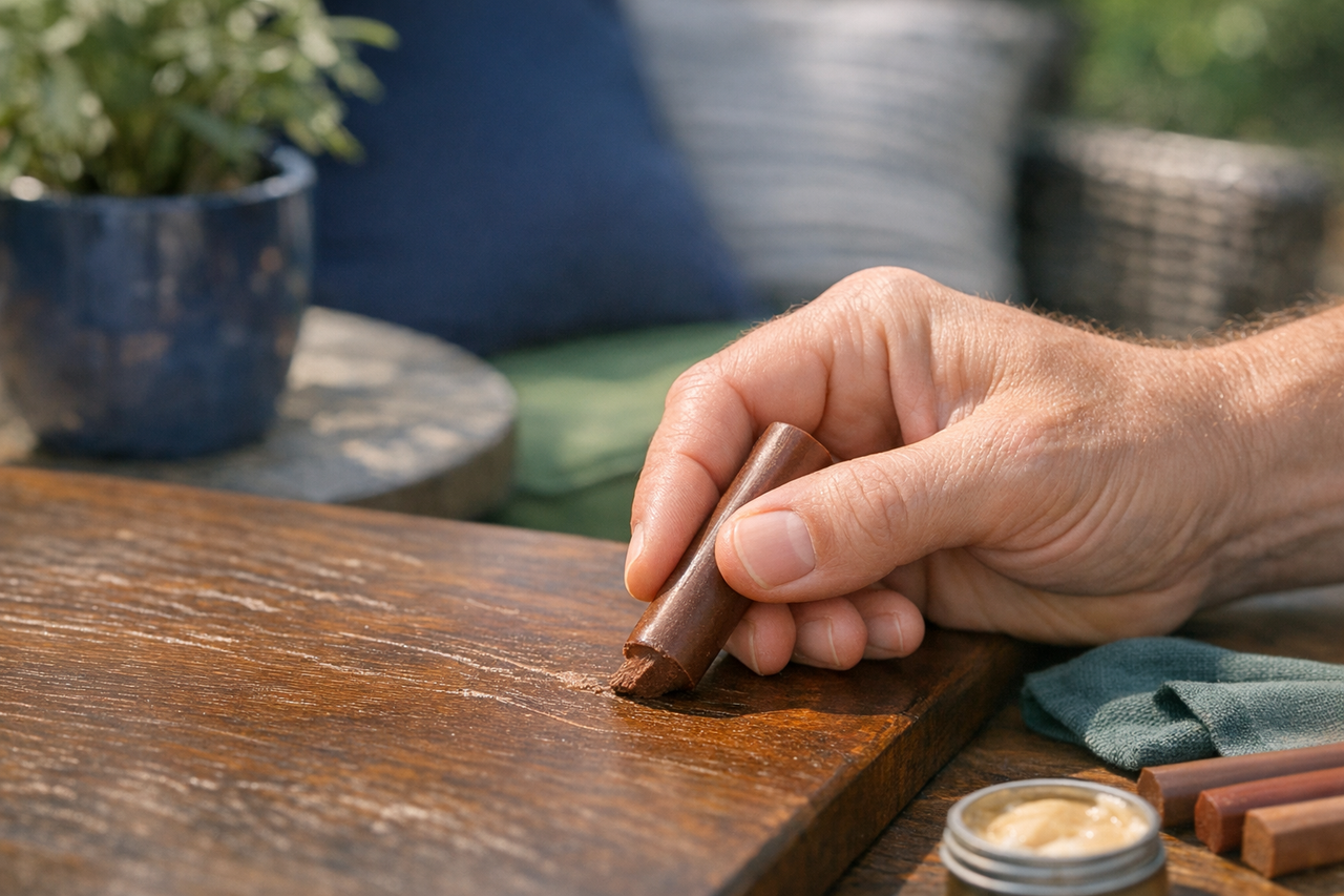 Close-up of a hand applying a wax stick to scratched wood furniture