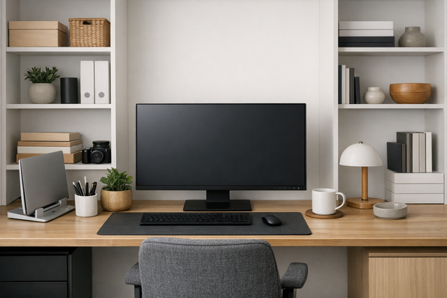 A tidy home office with a desk and organized supplies.