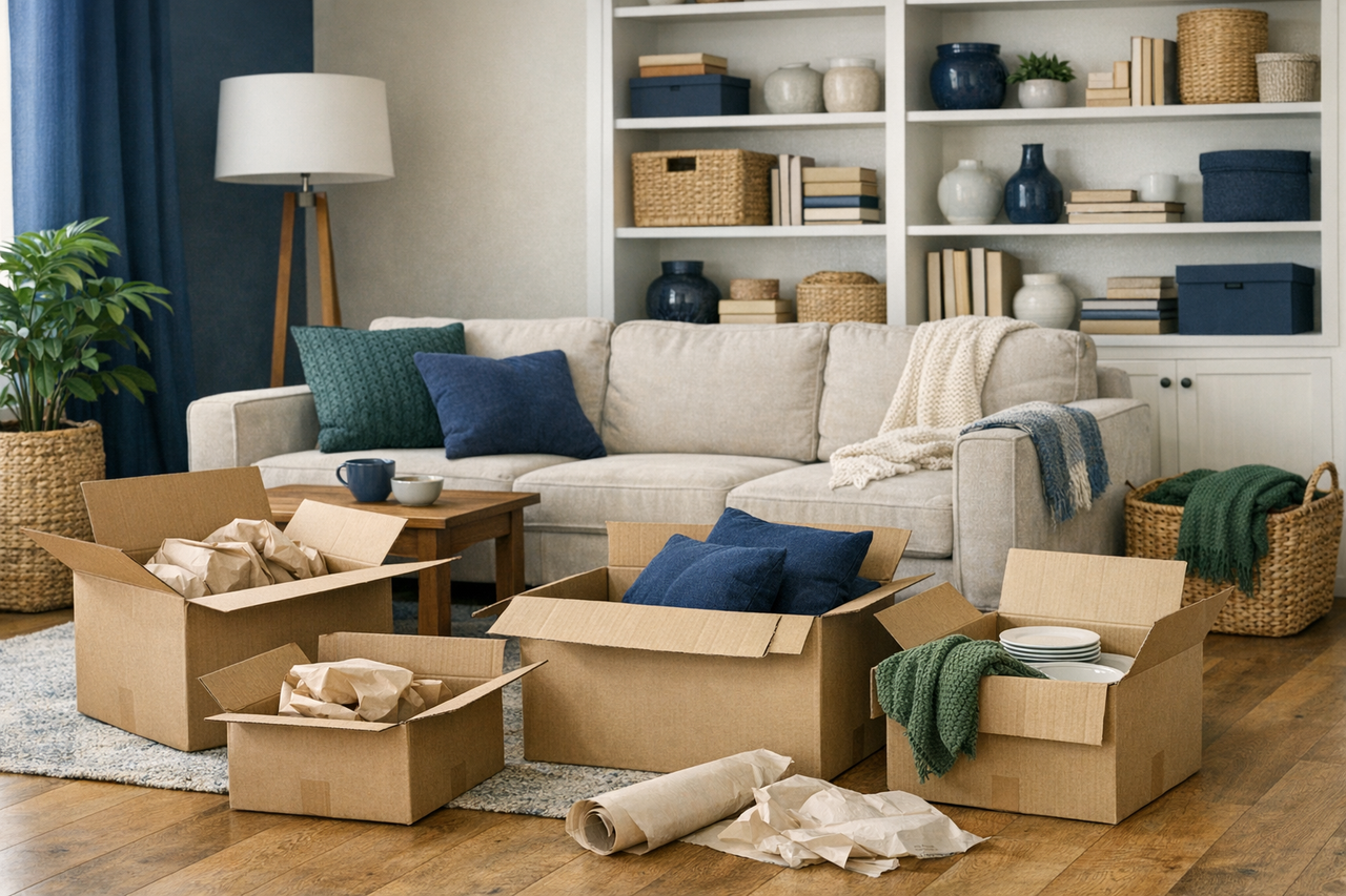 A clutter-free home with open boxes and organized items.