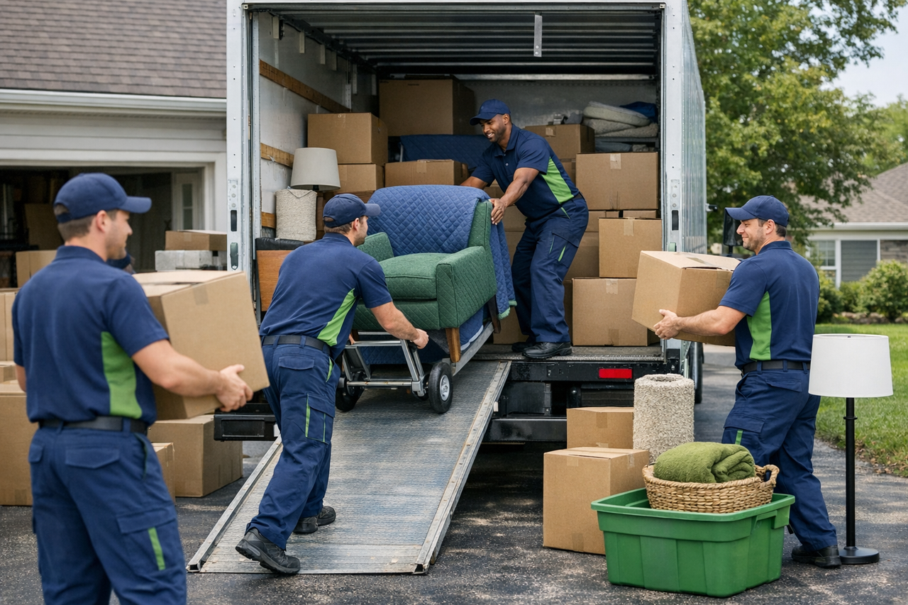 Movers loading a moving truck with boxes and furniture