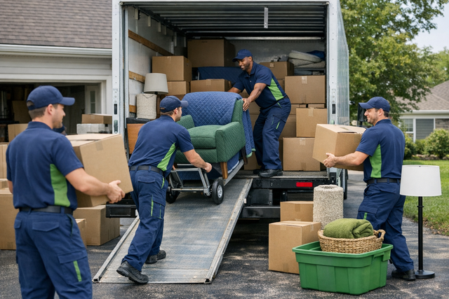 Movers loading a moving truck with boxes and furniture