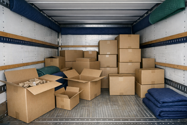 Items in a moving truck, some still packed, others unpacked