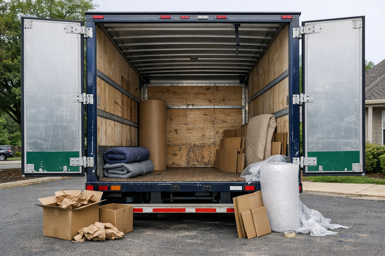 A moving truck with open doors showing empty spaces and scattered packing materials