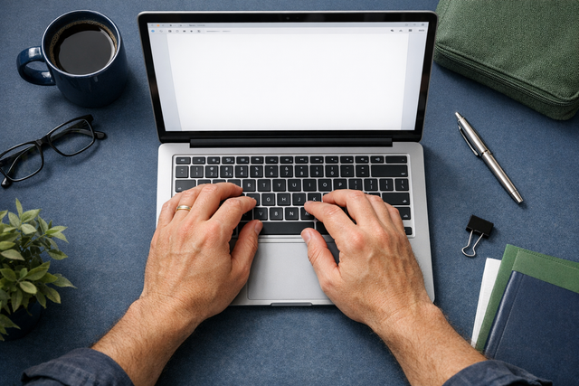 A person writing a public complaint on a laptop