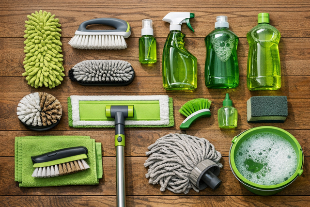 Vacuum, mop, cloths, gloves, and labeled cleaners arranged in an empty home