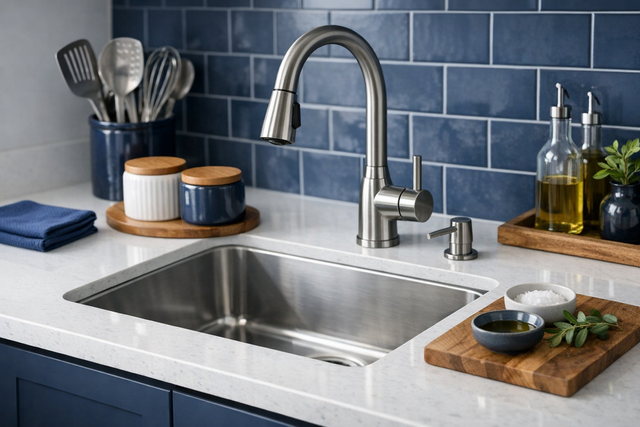Person wiping an empty kitchen counter during move-in cleaning
