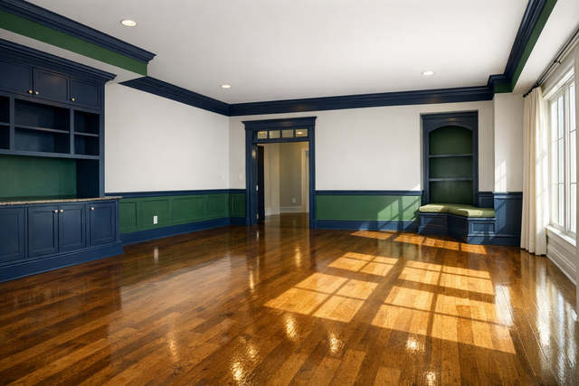 Bright empty living room with cleaning supplies ready for move-in cleaning