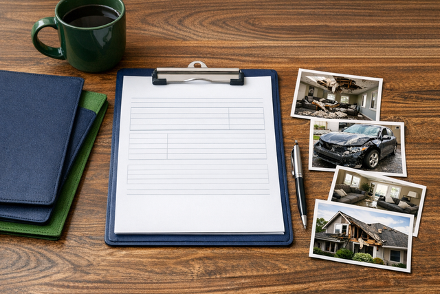 A table with a claim form, photos, and a pen.