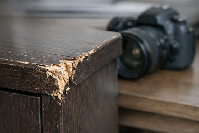 A close-up of a damaged piece of furniture with a camera in the background.