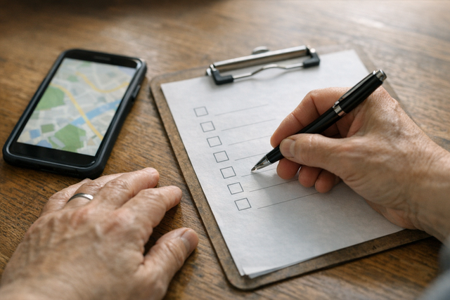 Close-up of a handwritten verification checklist next to a phone showing a maps search