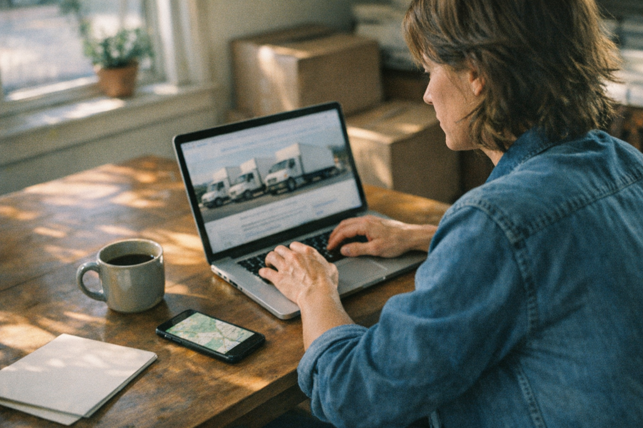 Person researching local moving companies on a laptop with a checklist and coffee nearby