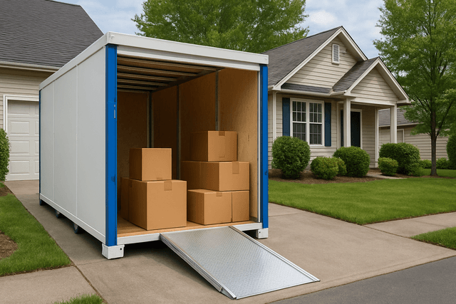 Portable storage container placed in a driveway