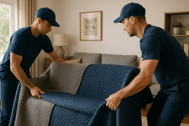 Movers wrapping furniture with moving blankets