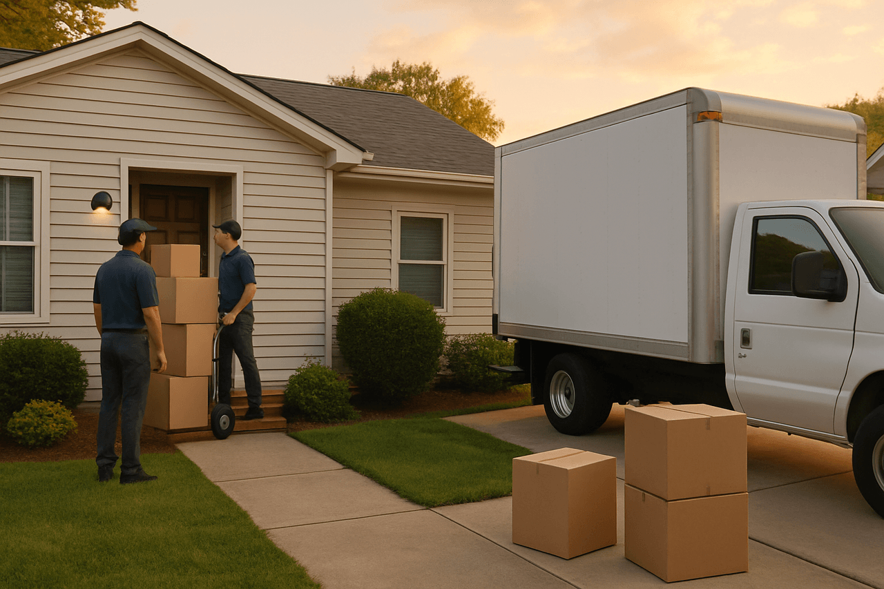 Full-service movers and a DIY rental truck at the same suburban home