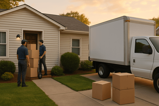 Full-service movers and a DIY rental truck at the same suburban home