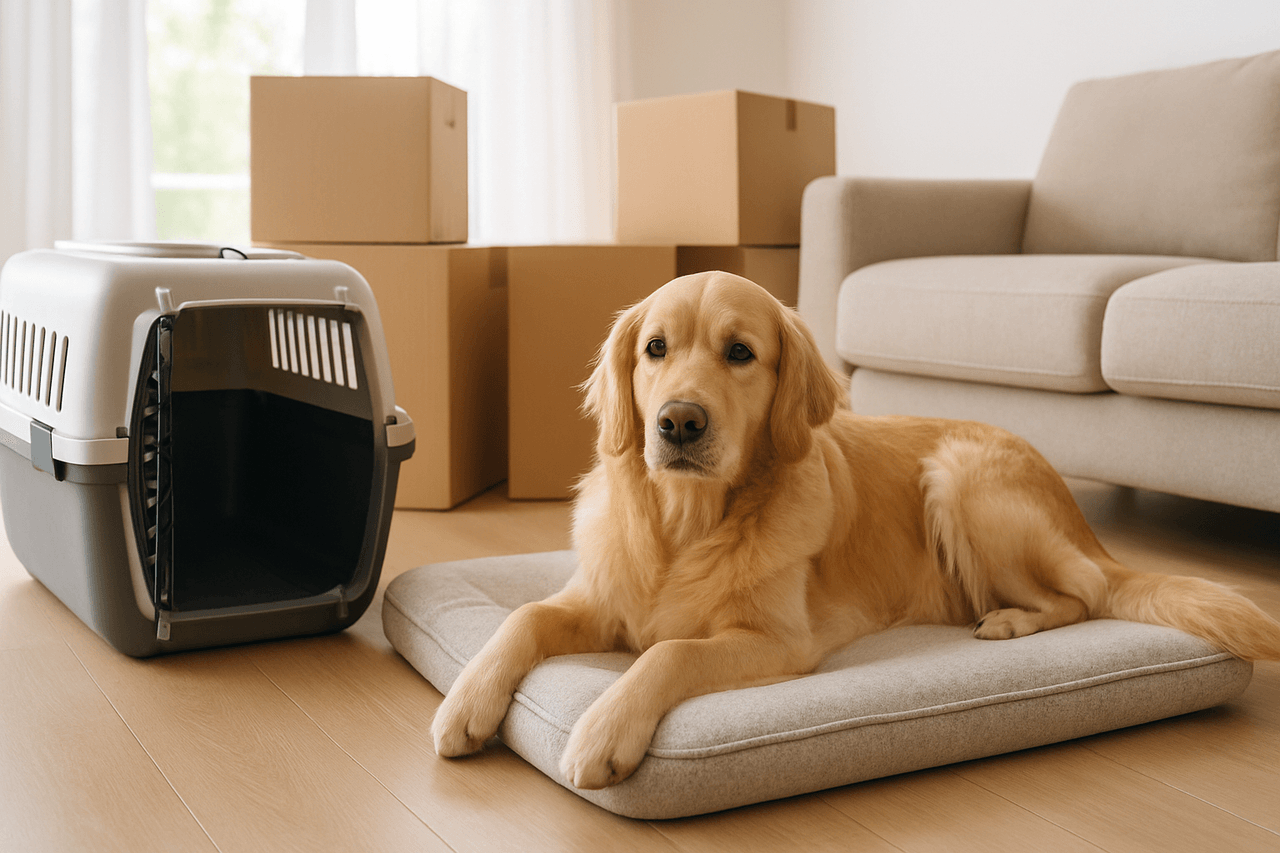 Dog resting calmly beside a pet carrier and moving boxes