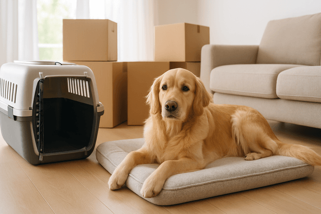 Dog resting calmly beside a pet carrier and moving boxes