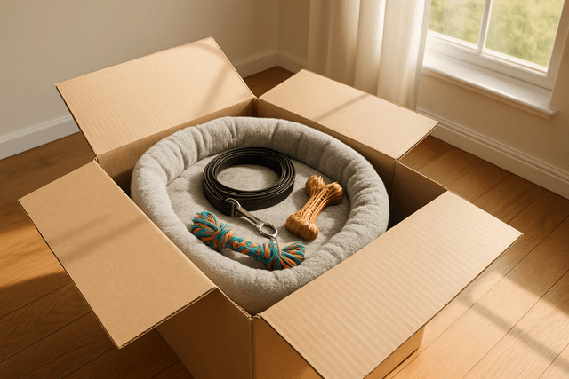 Pet toys and bed packed in a labeled box for move day