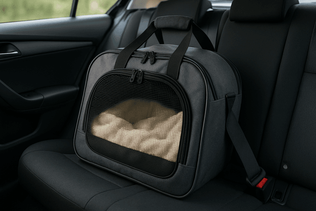 Pet carrier secured in the back seat of a car