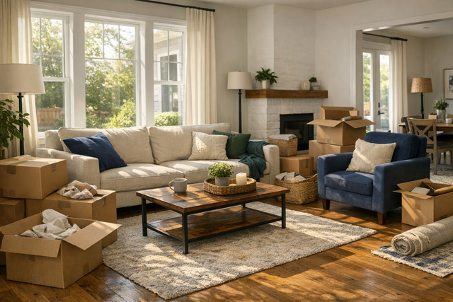 A cozy living room with unpacked moving boxes and a welcoming atmosphere