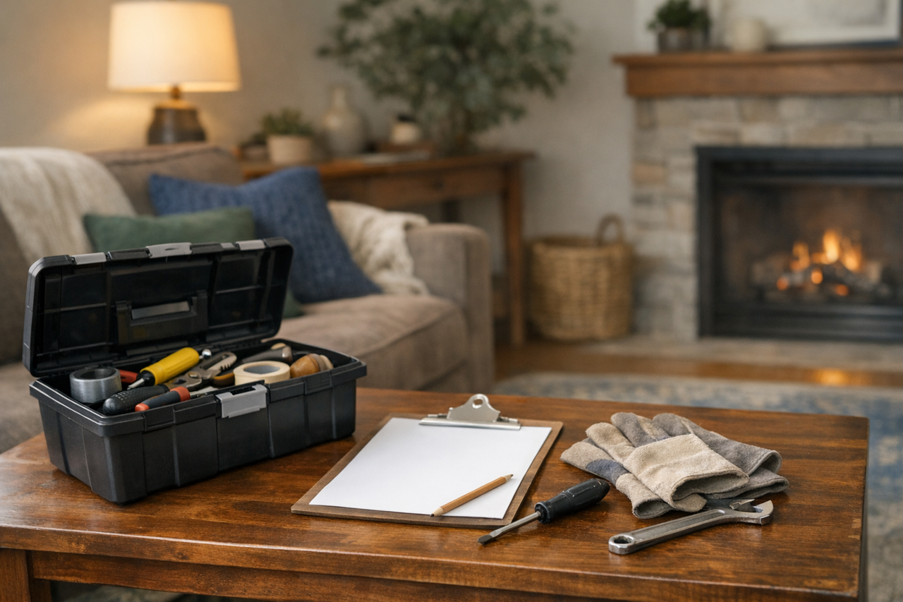 A cozy living room with tools and a checklist on a coffee table