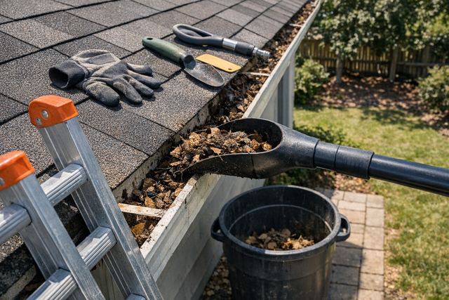 Gutters being cleaned during a sunny day