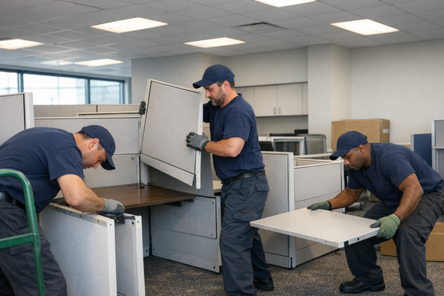 Professional movers handling office cubicles with care