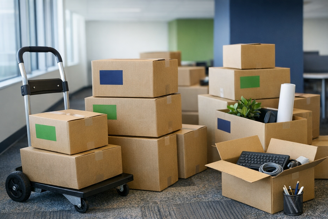 Office move coordination with labeled boxes and a dolly in an empty office space