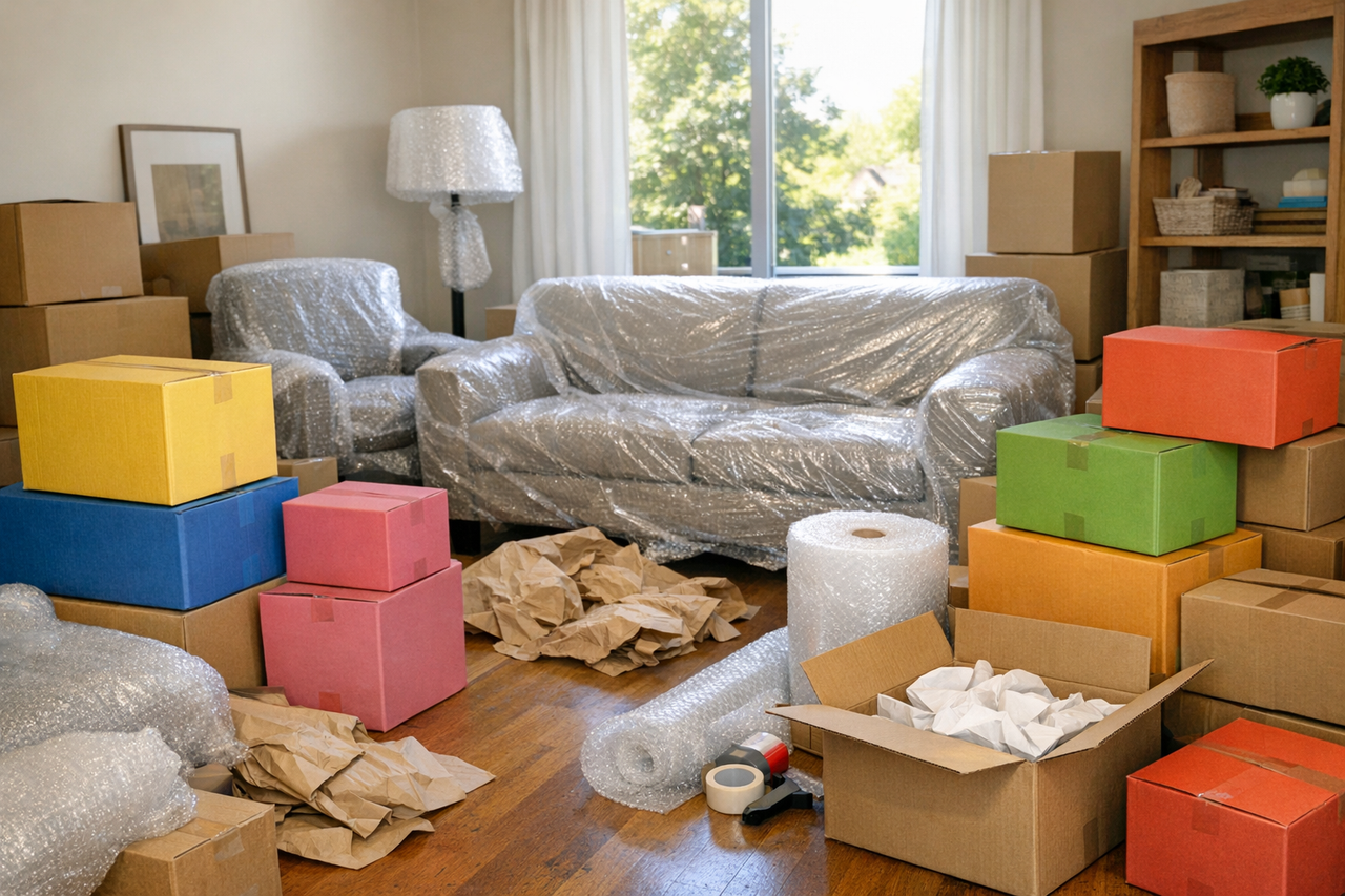 A variety of colorful packed boxes stacked in a living room ready for moving