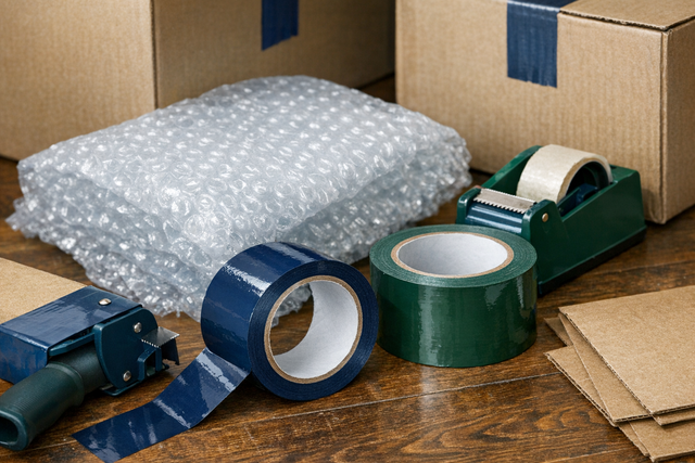 Close-up of packing materials like tape, bubble wrap, and moving boxes