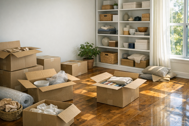 A newly unpacked room with open boxes and items being organized