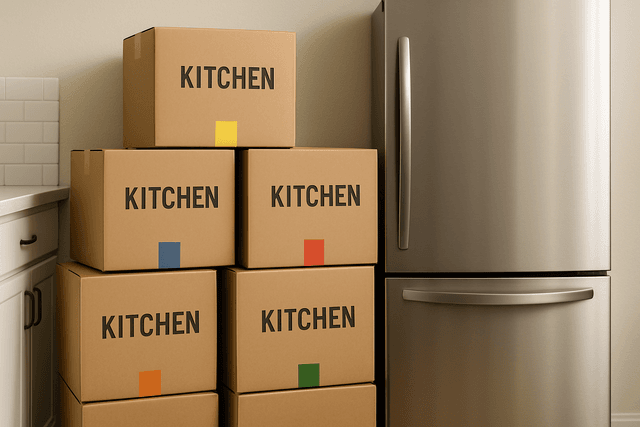 Kitchen boxes labeled and stacked near appliances