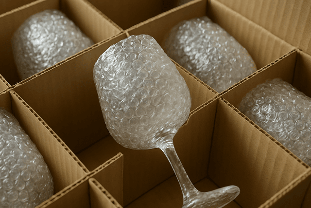 Bubble-wrapped glassware in a divided dish box