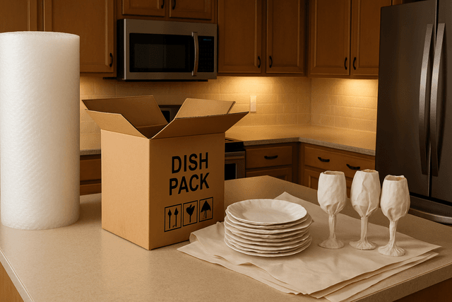 Kitchen packing station with dish boxes, bubble wrap, and wrapped glassware