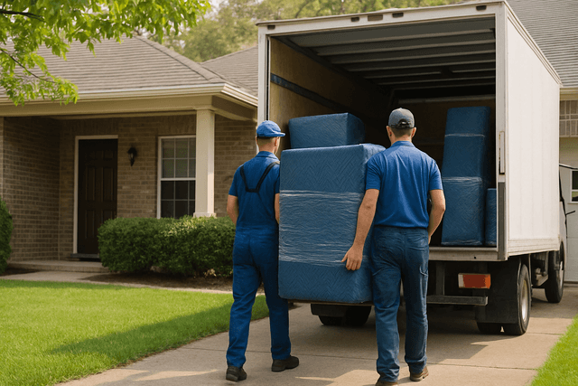 Professional movers loading furniture at a home