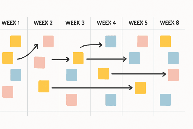 Eight-week moving timeline with tasks mapped by week