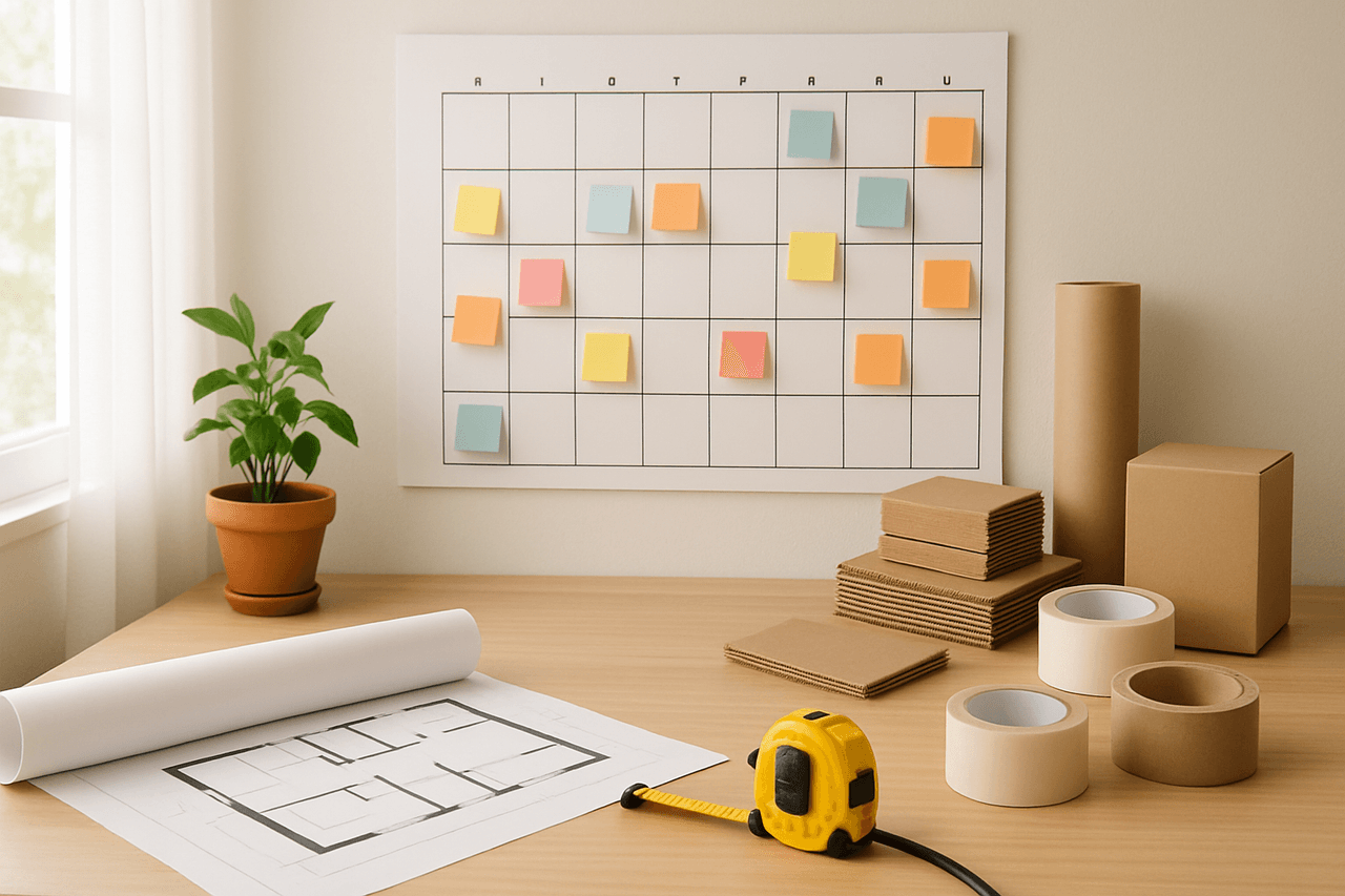 Move planning calendar, floor plan, and supplies on a home desk