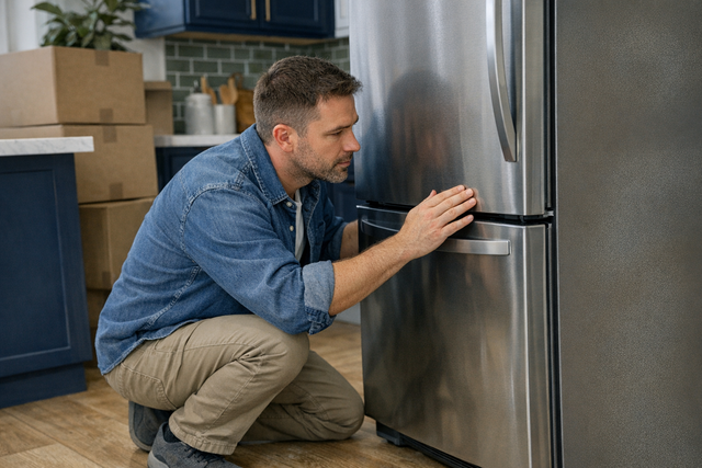 Person checking a refrigerator for damages after moving