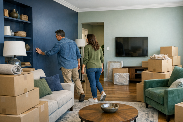 A family inspecting their new home after moving in