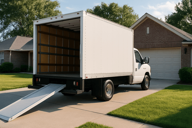 Rental moving truck with ramp down in a suburban driveway