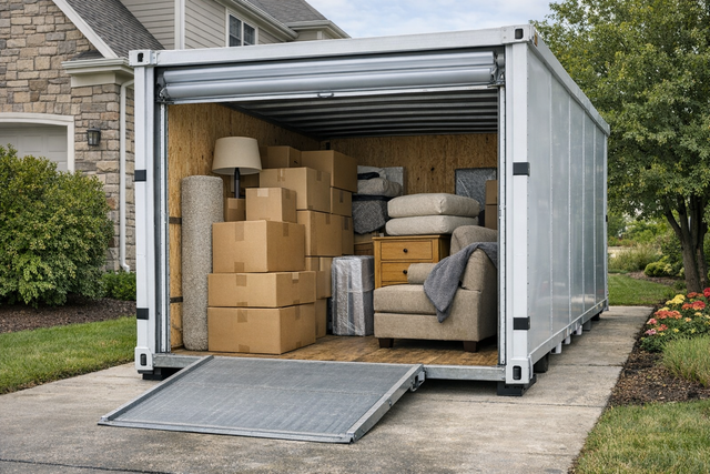 Packing a moving container with household items.