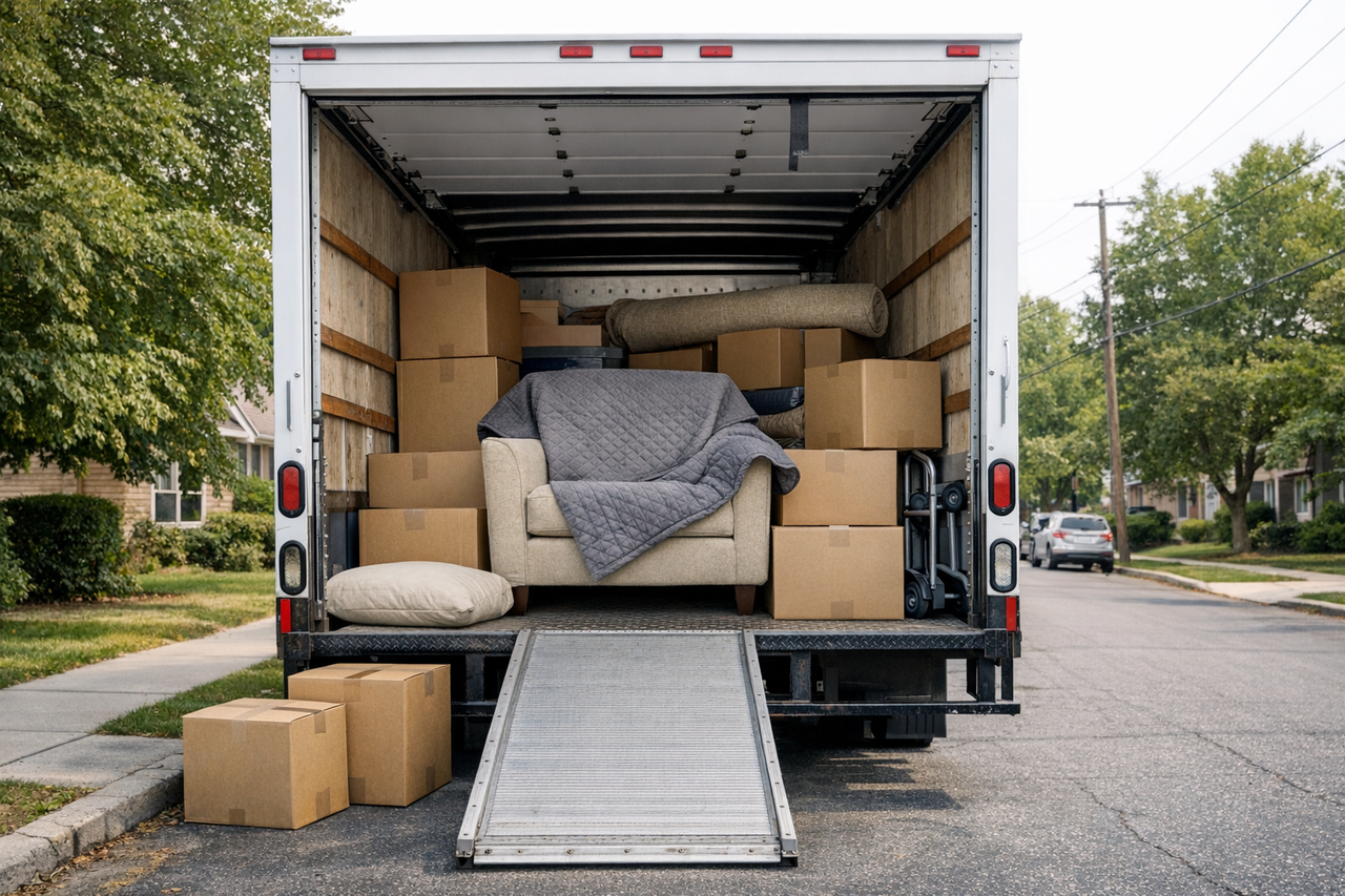 A person packing a small moving truck with boxes and furniture on a residential street.