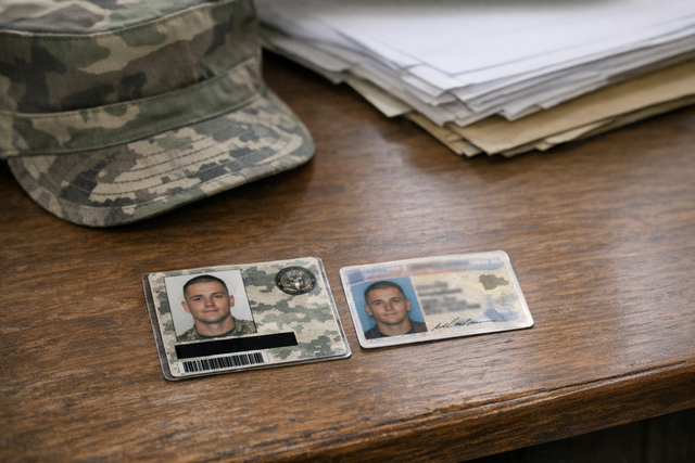 Military ID and driver license on a desk with a camouflage cap