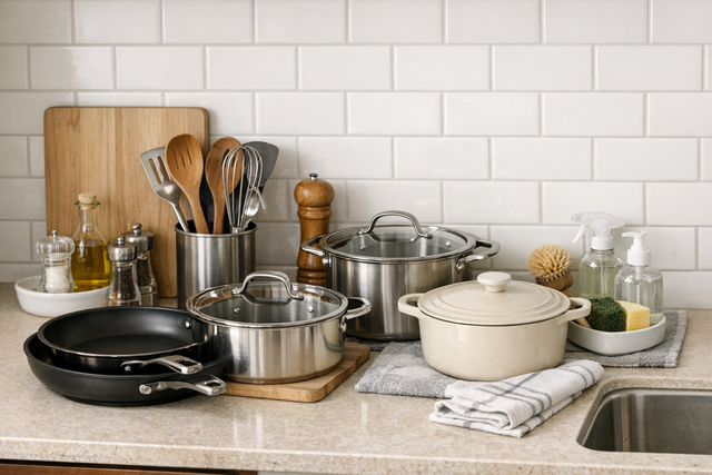 Basic cookware, dishes, and cleaning supplies organized in a new kitchen
