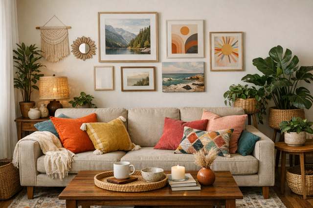 Comfortable living room with measured curtains, lamps, rug, and houseplants